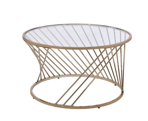 Contemporary Coffee Table With Twisted Metal Base And Round Glass Top, Gold
