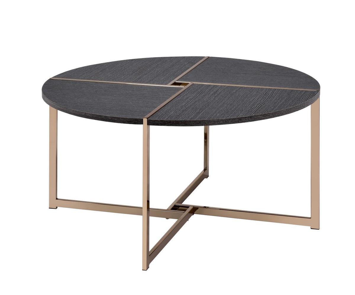 Coffee Table With X Shaped Metal Base And Round Wooden Top, Gold And Gray