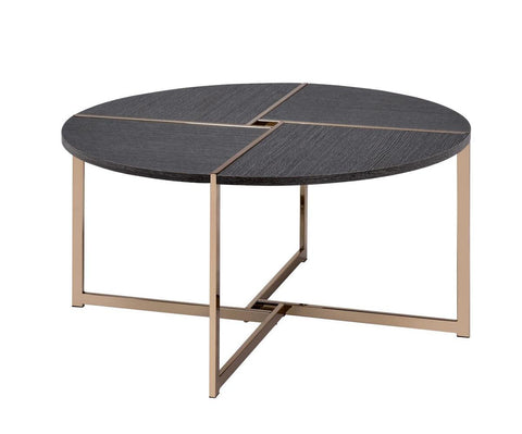 Coffee Table With X Shaped Metal Base And Round Wooden Top, Gold And Gray