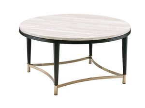 Circular Tabletop Coffee Table With Metal Apron Trims, Black And Brown