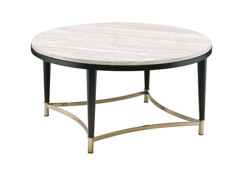 Circular Tabletop Coffee Table With Metal Apron Trims, Black And Brown