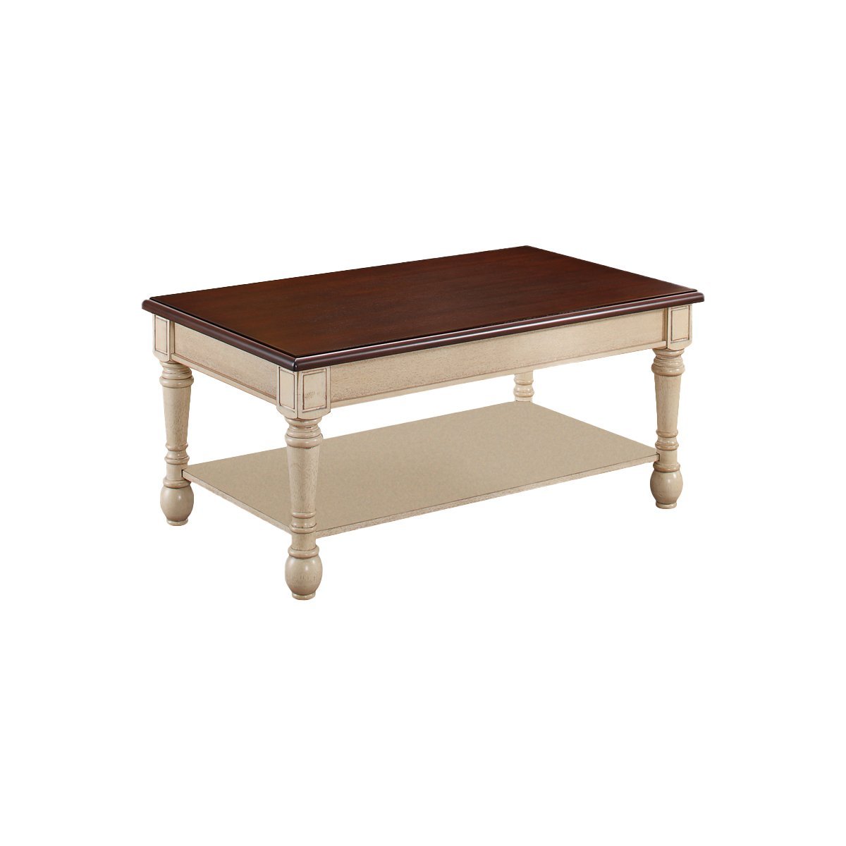 Wooden Frame Coffee Table With Turned Legs, Brown And Antique White - BM219602