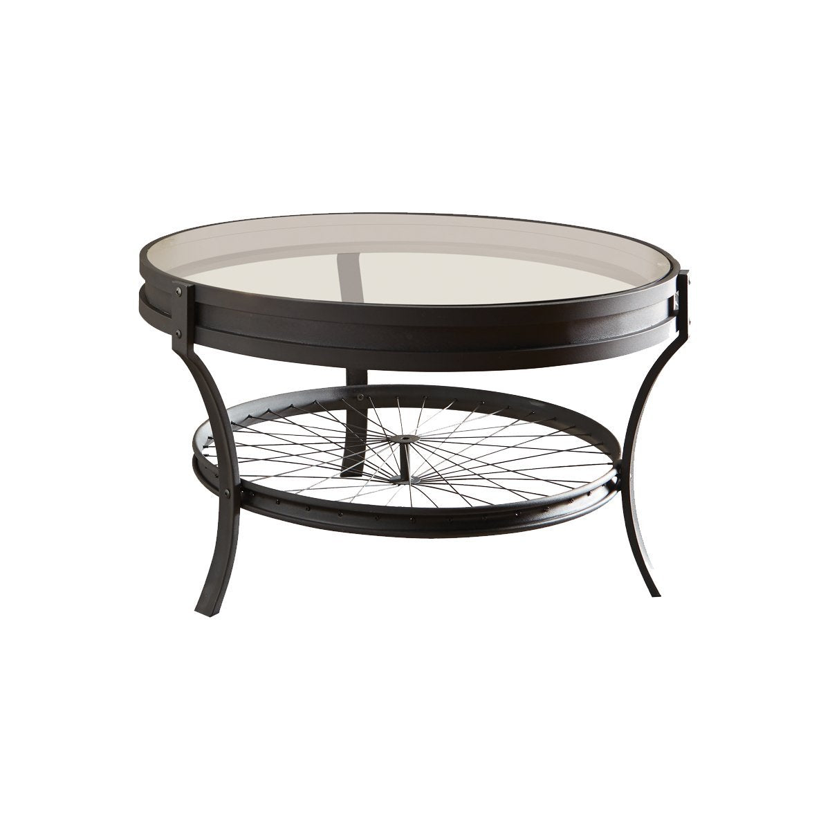 Glass Top Metal Coffee Table With Bike Spokes Design Bottom,Black And Clear - BM219606