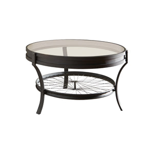 Glass Top Metal Coffee Table With Bike Spokes Design Bottom,Black And Clear - BM219606