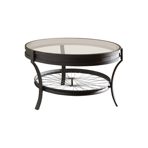 Glass Top Metal Coffee Table With Bike Spokes Design Bottom,Black And Clear - BM219606