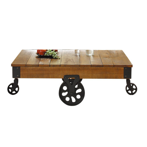 Plank Style Wooden Cocktail Table With Casters, Brown And Black