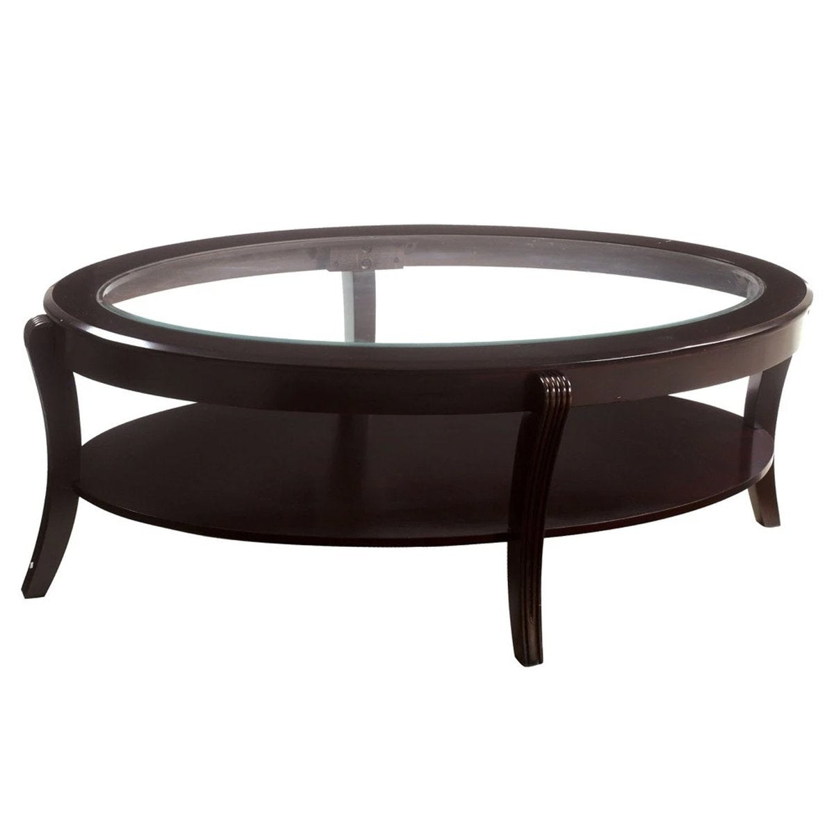 Oval Wooden Cocktail Table With Glass Insert And Open Shelf, Espresso Brown