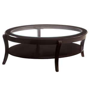 Oval Wooden Cocktail Table With Glass Insert And Open Shelf, Espresso Brown