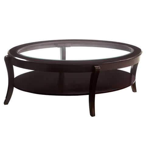 Oval Wooden Cocktail Table With Glass Insert And Open Shelf, Espresso Brown