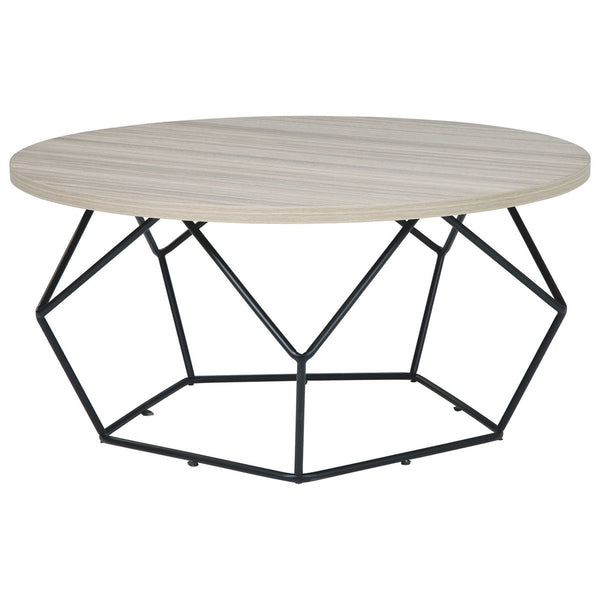 Wooden Top Round Cocktail Table With Open Geometric Base, Gray And Black