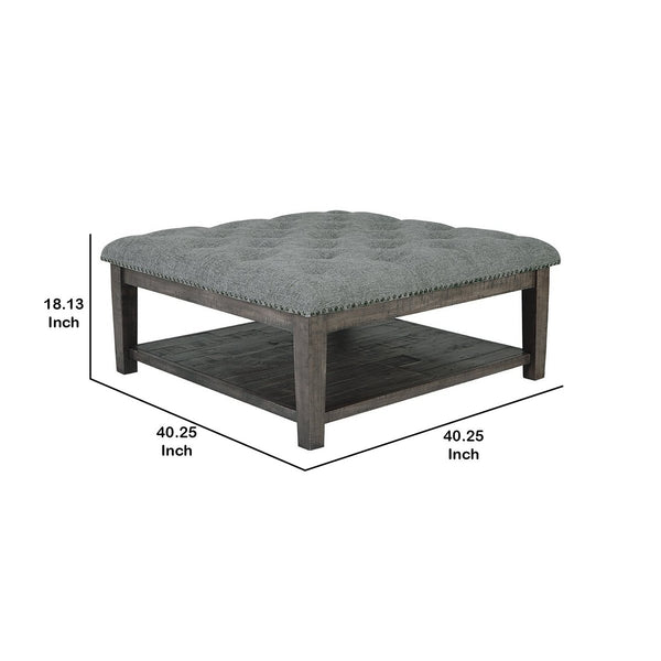 Fabric Upholstered Ottoman Cocktail Table With Open Bottom Shelf, Gray - BM227438