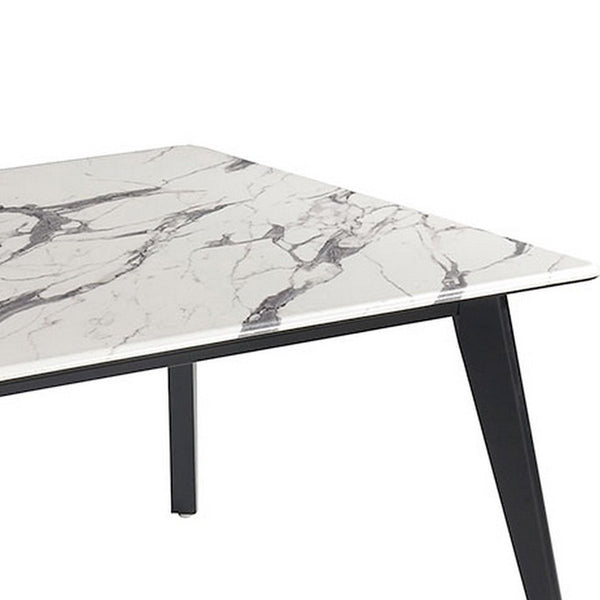 Rectangular Faux Marble Top Coffee Table With Angled Wooden Legs, White