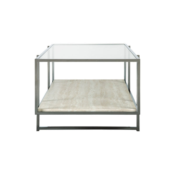 48 Inches Glass Top Cocktail Table With Stone Shelf, Clear And Chrome - BM230903