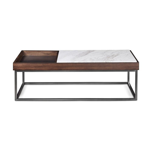 48 Inches Marble Top Coffee Table With Storage Slot, White And Brown