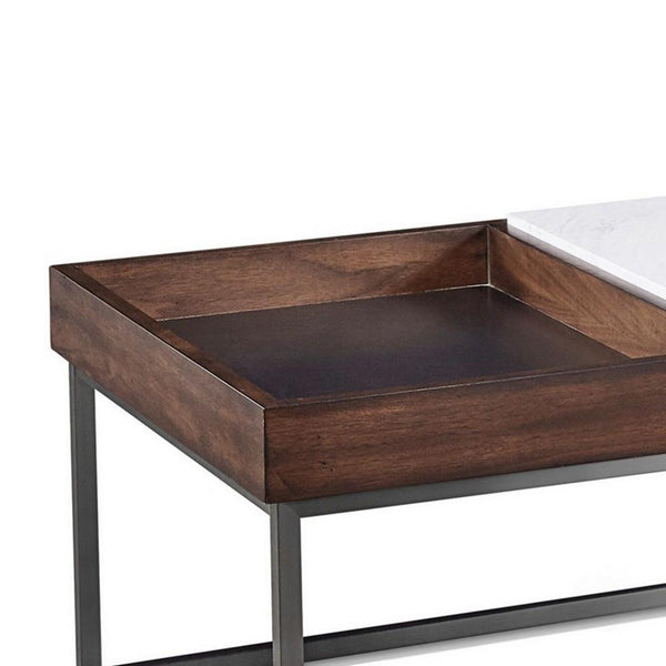 48 Inches Marble Top Coffee Table With Storage Slot, White And Brown