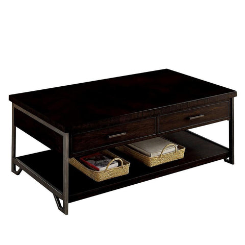 2 Drawer Wooden Coffee Table With Open Shelf, Dark Brown - BM233788