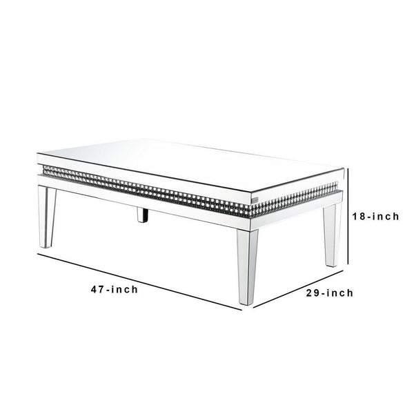 Mirror Inlay Coffee Table With Faux Crystal Accents, Silver