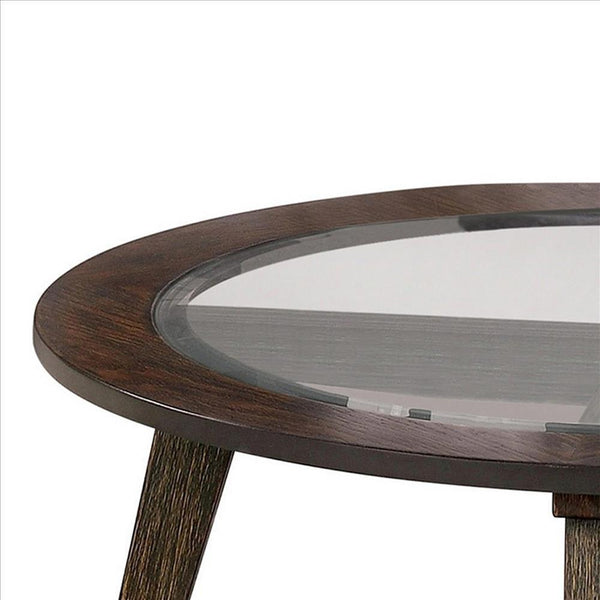 32 Inches Coffee Table With Round Glass Top And Angled Legs, Brown
