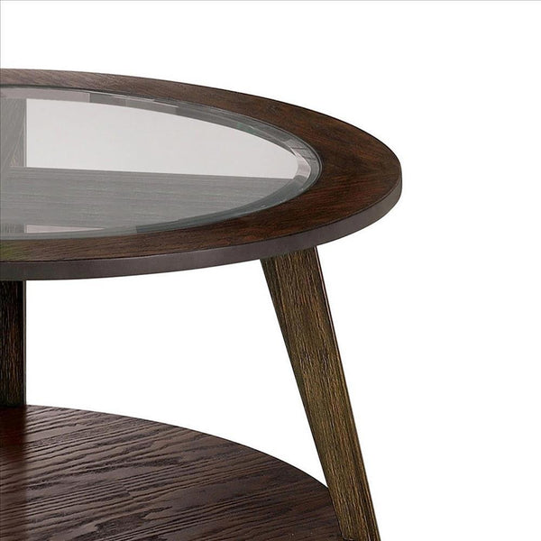 32 Inches Coffee Table With Round Glass Top And Angled Legs, Brown