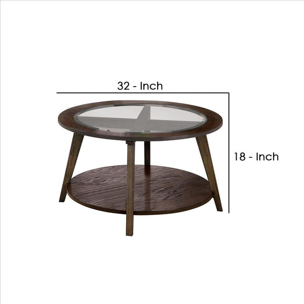32 Inches Coffee Table With Round Glass Top And Angled Legs, Brown