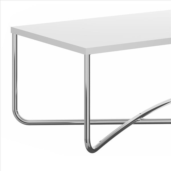 Coffee Table With Rectangular Top And X Base, White And Chrome