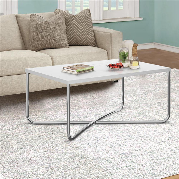 Coffee Table With Rectangular Top And X Base, White And Chrome