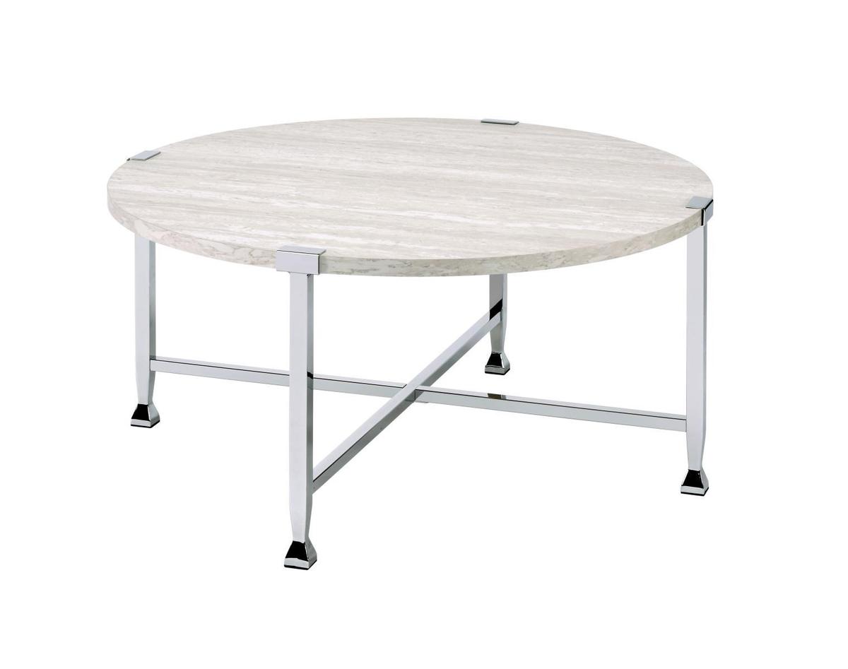 Coffee Table With X Shaped Metal Base And Round Wooden Top,Silver And Beige