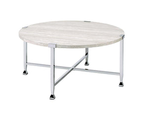 Coffee Table With X Shaped Metal Base And Round Wooden Top,Silver And Beige
