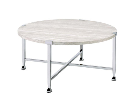 Coffee Table With X Shaped Metal Base And Round Wooden Top,Silver And Beige