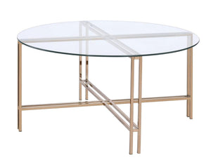 Coffee Table With X Shaped Metal Base And Round Glass Top, Gold