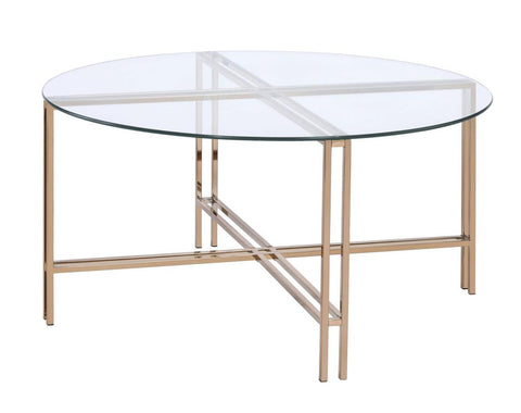 Coffee Table With X Shaped Metal Base And Round Glass Top, Gold