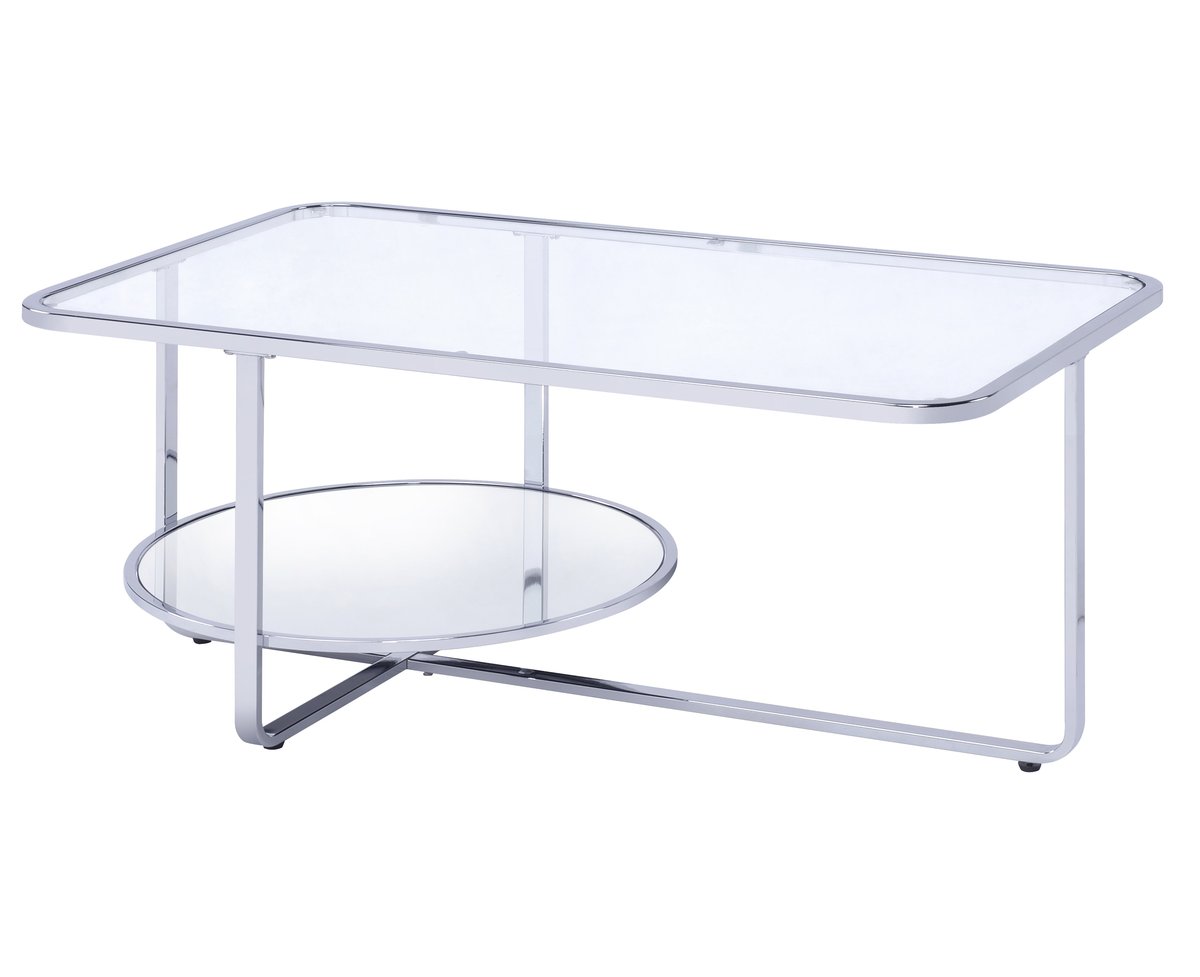 Contemporary Coffee Table With Round Bottom Shelf, Silver And Clear