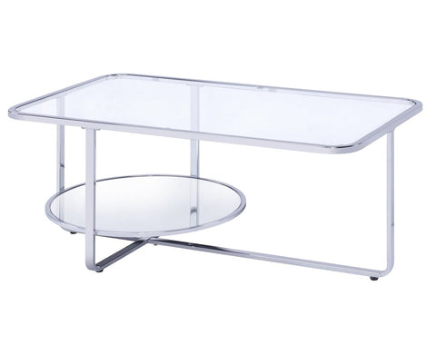 Contemporary Coffee Table With Round Bottom Shelf, Silver And Clear