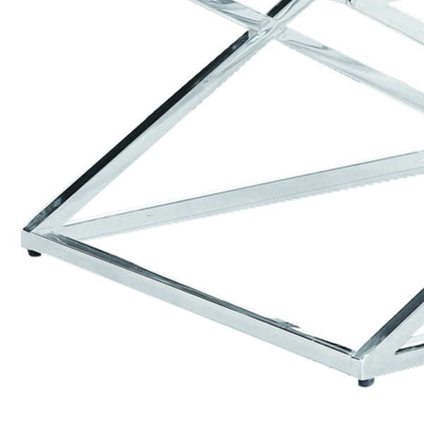 Diamond Shaped Metal Cocktail Table With Glass Top, Silver