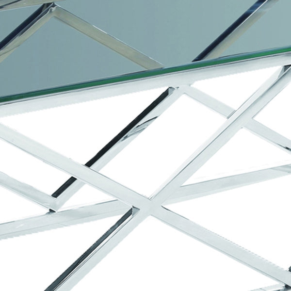 Diamond Shaped Metal Cocktail Table With Glass Top, Silver