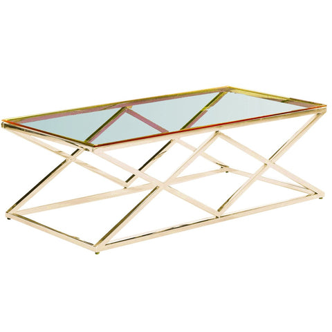 Diamond Shaped Metal Cocktail Table With Glass Top, Gold