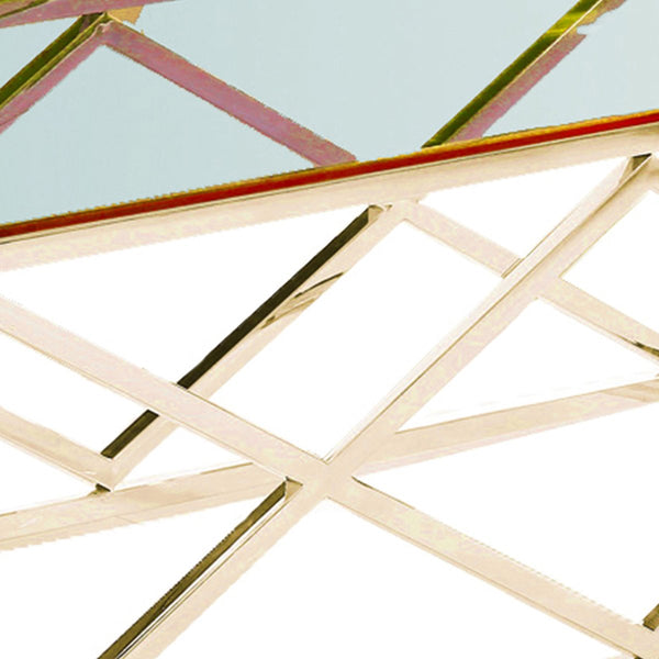 Diamond Shaped Metal Cocktail Table With Glass Top, Gold