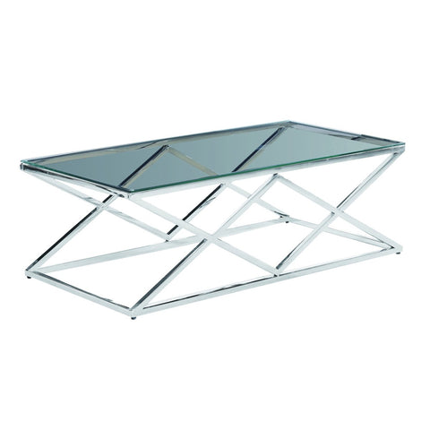 Diamond Shaped Metal Cocktail Table With Glass Top, Silver