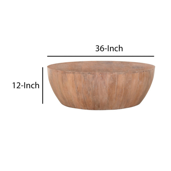 Drum Shape Wooden Coffee Table With Plank Design Base, Distressed Brown