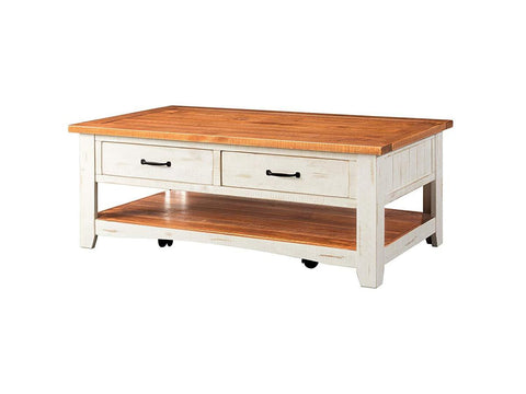 Dual Tone Wooden Coffee Table With Two Drawers, Antique White And Honey Tobacco Brown