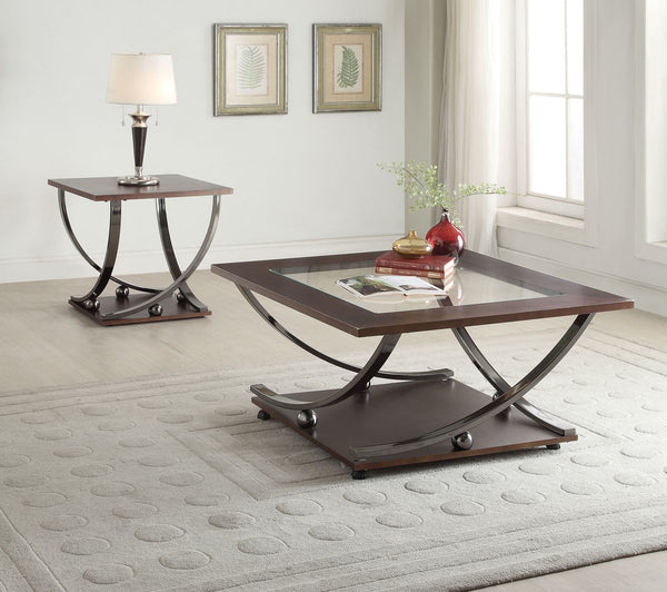 Glass Inserted Wooden Coffee Table With Open Shelf And Castors, Brown - BM193816