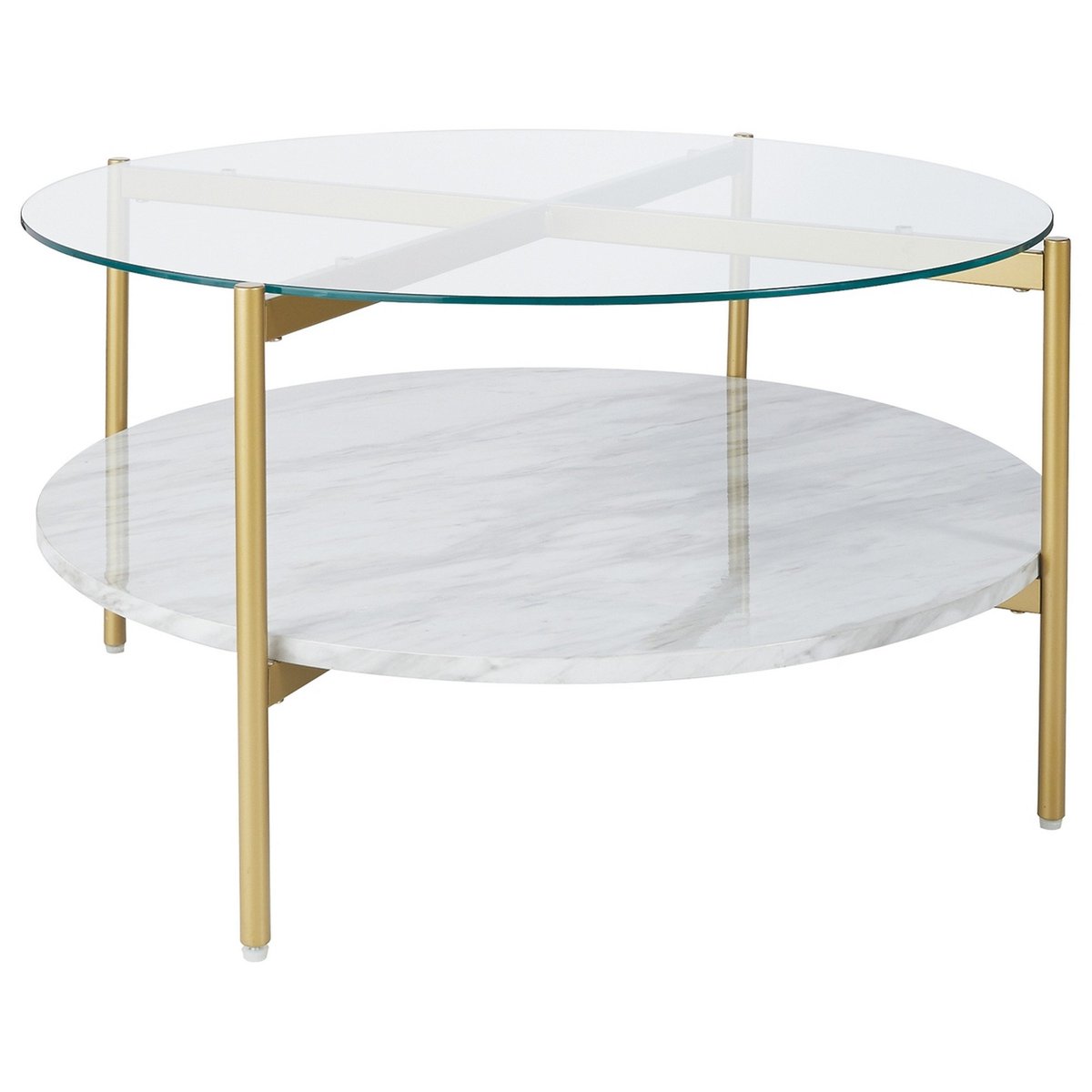 Glass Top Cocktail Table With Faux Marble Bottom Shelf, Clear And Gold