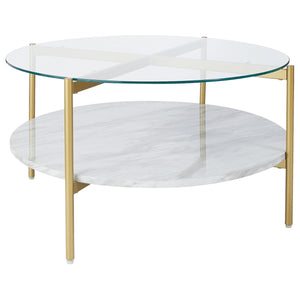 Glass Top Cocktail Table With Faux Marble Bottom Shelf, Clear And Gold