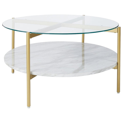 Glass Top Cocktail Table With Faux Marble Bottom Shelf, Clear And Gold