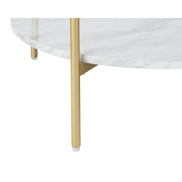 Glass Top Cocktail Table With Faux Marble Bottom Shelf, Clear And Gold
