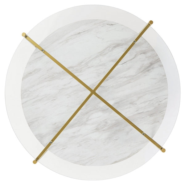 Glass Top Cocktail Table With Faux Marble Bottom Shelf, Clear And Gold