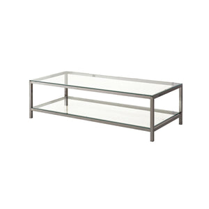 Glass Top Coffee Table With Metal Frame And Open Shelf, Silver