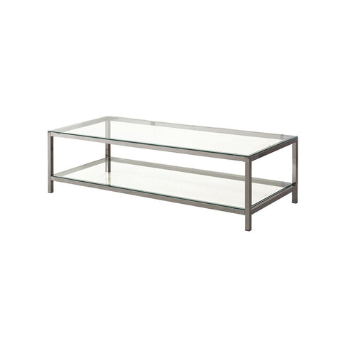 Glass Top Coffee Table With Metal Frame And Open Shelf, Silver