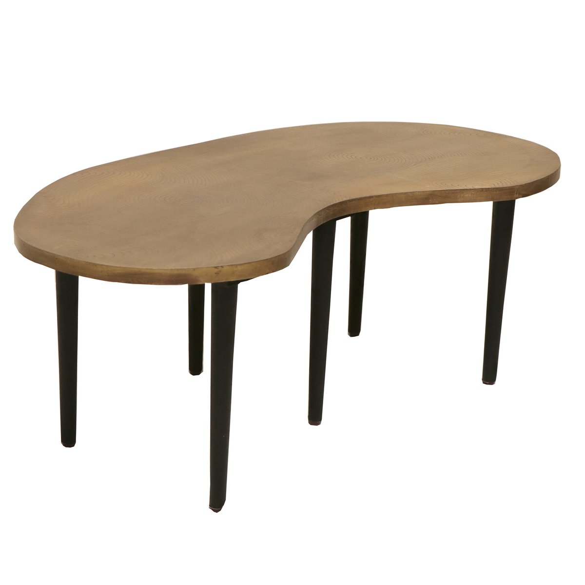 Industrial Kidney Bean Shaped Brass Top Coffee Table With Tapered Legs, Brass And Black