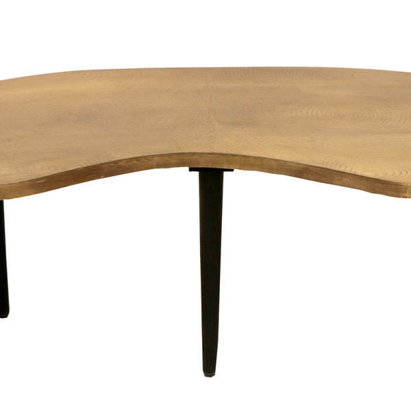 Industrial Kidney Bean Shaped Brass Top Coffee Table With Tapered Legs, Brass And Black
